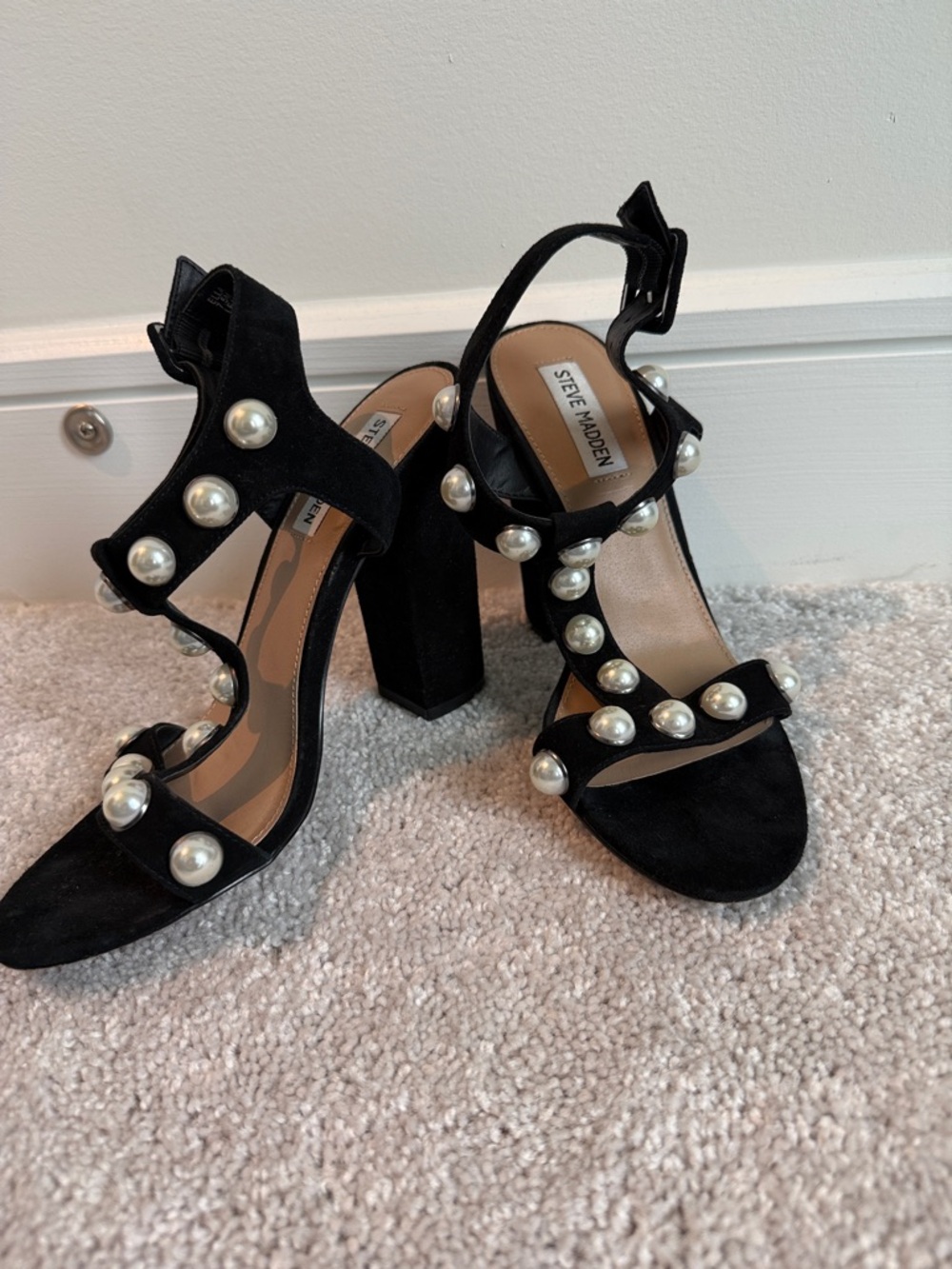 Steve Madden Black Suede Pearl-Accent Block Heel Sandals